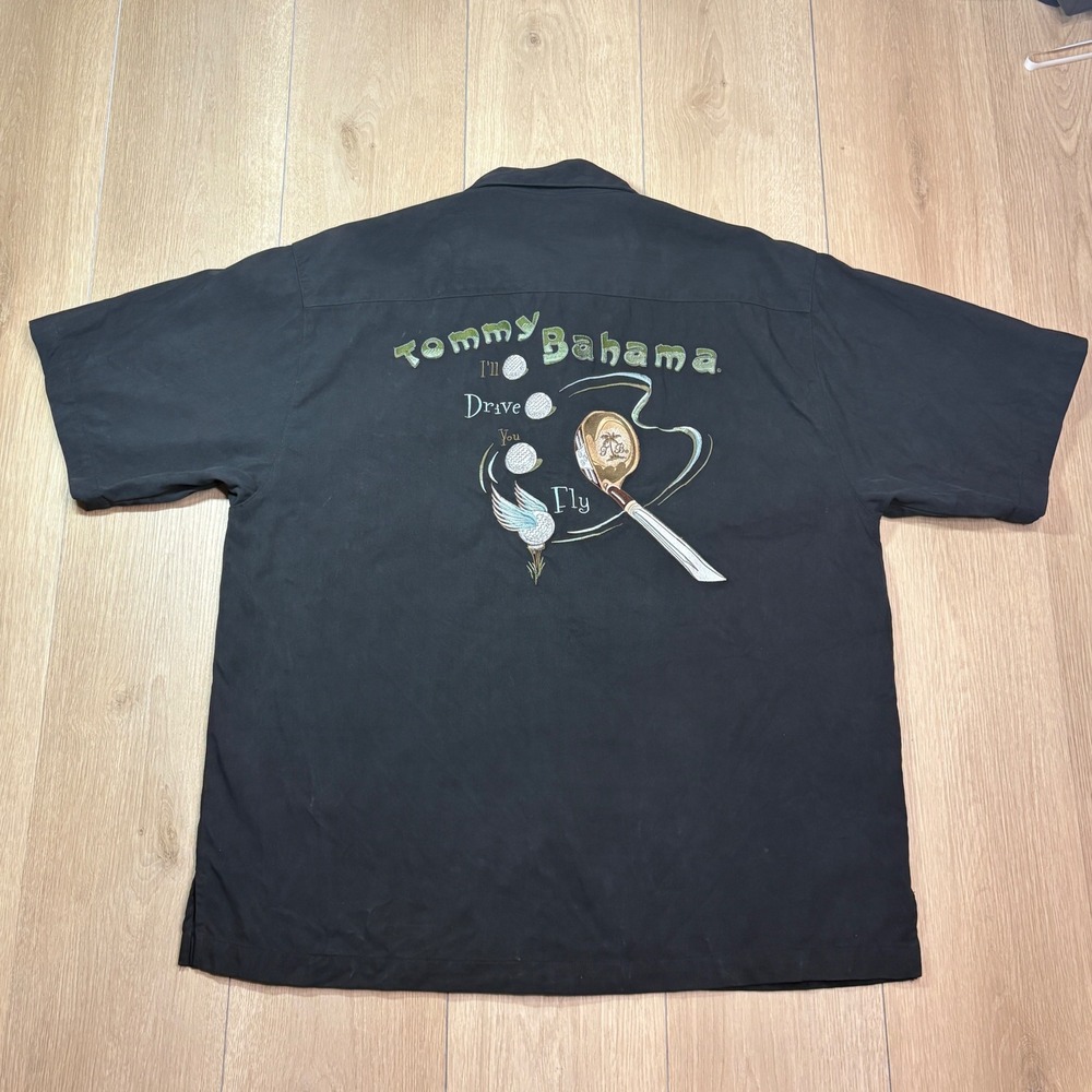 Tommy Bahama Black Silk Golf Shirt I'll Drive You Fly Embroidered Camp Shirt L